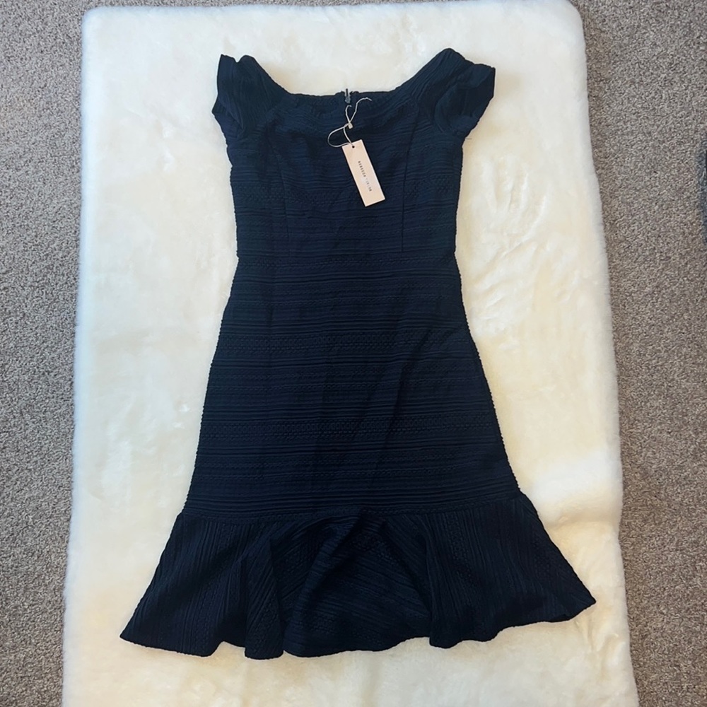 NWT Rebecca Taylor Navy Off the Shoulder Flounce A Line Dress Size 4 - Picture 2 of 7